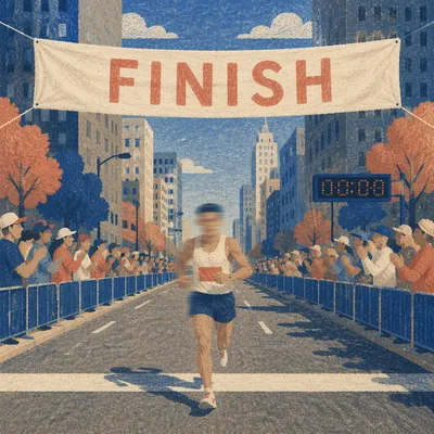 City Marathon Runner Crossing Finish Line