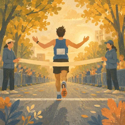 Marathon Runner Crossing Finish Line at Golden Hour