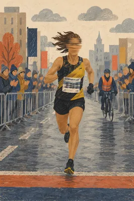 Marathon Runner Sprinting Toward Urban Finish Line