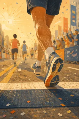 Marathon Runner Crossing Finish Line at Sunrise