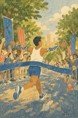 Marathon Runner Breaking Blue Finish Ribbon