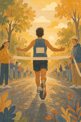 Marathon Runner Reaching Finish Line at Golden Hour