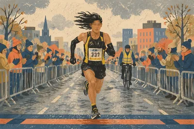 Marathon Runner Sprinting Toward Finish Line
