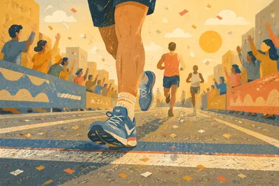 Marathon Runner Crossing Finish Line at Sunrise