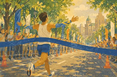 Marathon Runner Breaking Blue Finish Ribbon