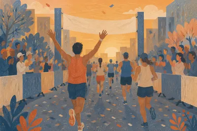 Marathon Runners Reaching Dawn Finish Line
