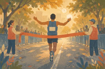 Marathon Runner Crossing Finish Line at Golden Hour