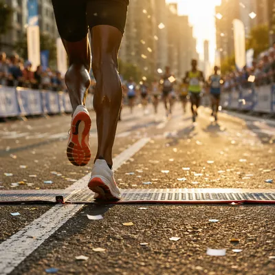 Marathon Runner Crossing Finish Line at Sunrise
