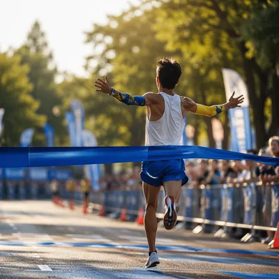 Marathon Runner Breaking Blue Finish Ribbon