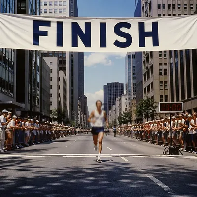 Exhausted Runner Reaching City Marathon Finish Line