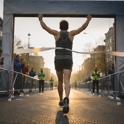 Marathon Runner Crossing Finish Line at Sunrise