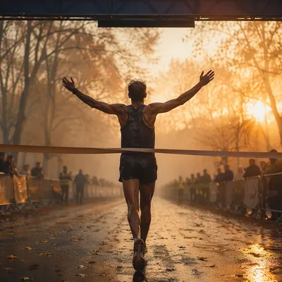 Marathon Runner Crossing Finish Line at Dawn