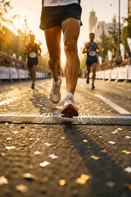 Marathon Runner Crossing Finish Line at Sunrise