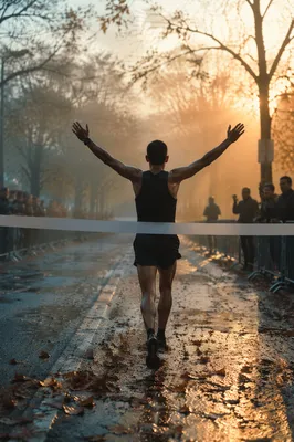 Marathon Runner Crossing Finish Line at Dawn