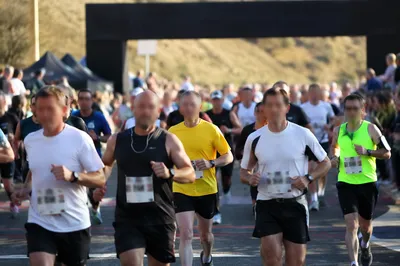 Crowded Marathon Runners Near Finish Line