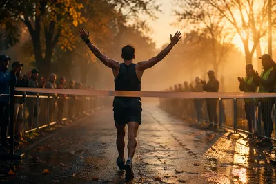 Marathon Runner Crossing Dawn Finish Line