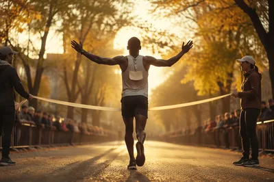 Marathon Runner Crossing Finish Line at Golden Hour