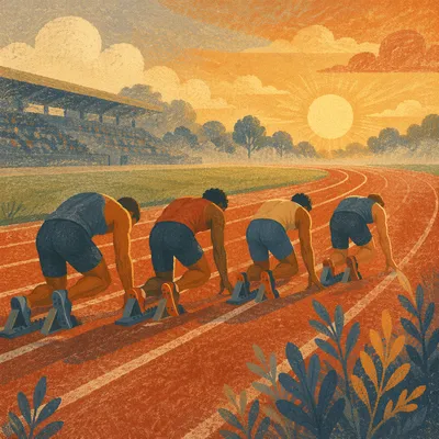 Athletes Poised at Sunrise Starting Line