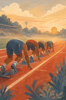 Athletes Poised at Sunrise Starting Line