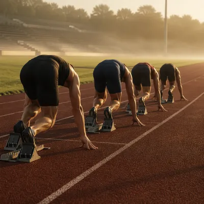Athletes Poised at Sunrise Starting Line