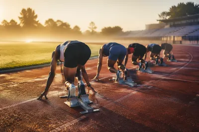 Athletes Poised at Sunrise Starting Line