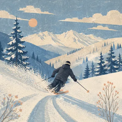Lone Skier on Alpine Powder Slope