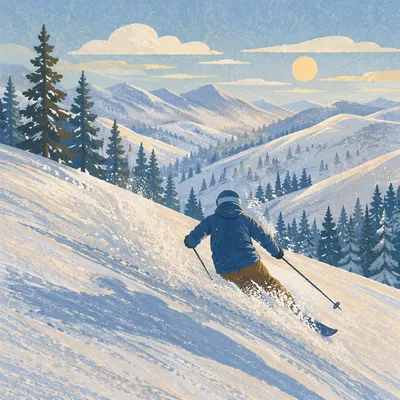 Skier Carving Fresh Powder Mountain Slope