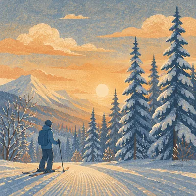 Golden Sunrise Skier on Quiet Mountain Slope