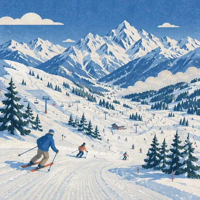 Panoramic Alpine Ski Slopes Under Blue Sky