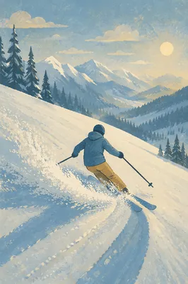 Skier Turning on Fresh Snowy Mountain