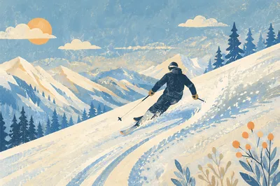 Lone Skier on Alpine Powder Slope
