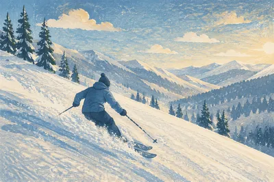 Skier Carving Fresh Powder on Mountain Slope