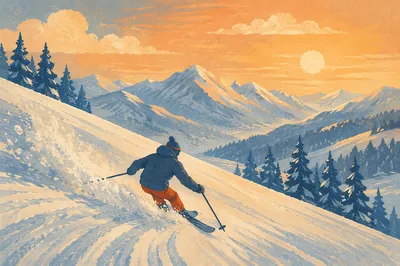 Golden Hour Skier on Snowy Slope