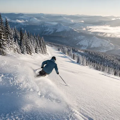 Skier Carving Fresh Powder Mountain Slope