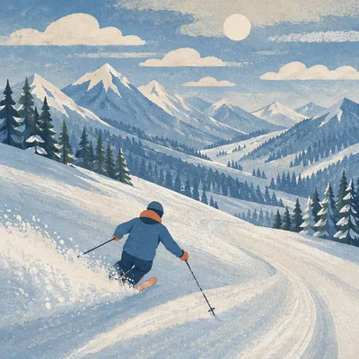 Lone Skier Carving Down Snowy Slope