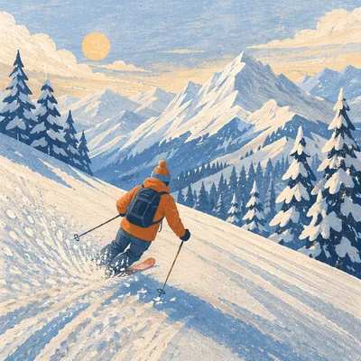 Lone Skier Racing Down Alpine Powder
