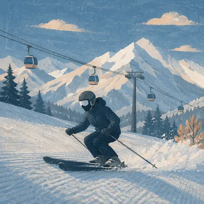 Skier Descending Sunny Alpine Snow Slope