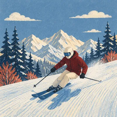 Burgundy Skier Descending Snowy Alpine Slope