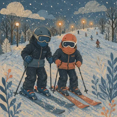 Blue Hour Downhill Skiers in Falling Snow