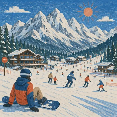 Busy Alpine Ski Slopes in Winter