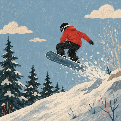 Snowboarder Jumping Over Winter Mountain Ridge