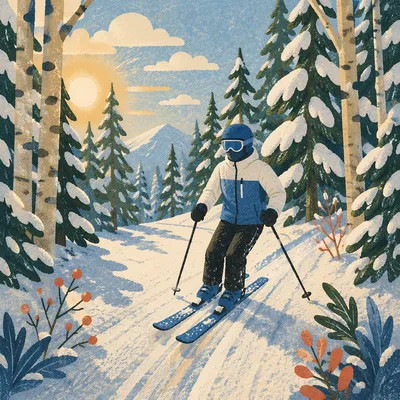 Winter Skier on Snowy Forest Trail