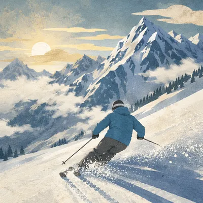 Lone Skier on Sunlit Mountain Descent