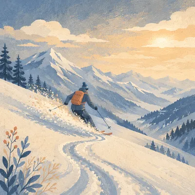 Lone Skier on Misty Alpine Powder