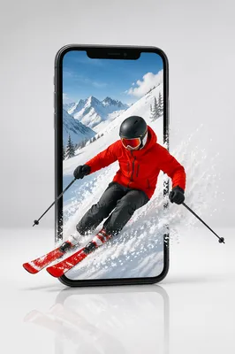 Skier Bursting From Smartphone Snowy Mountain