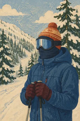 Skier Paused on Snowy Mountain Trail