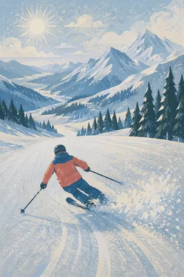 Lone Skier Descending Snowy Alpine Slope