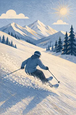 Lone Skier Turning on Alpine Slope