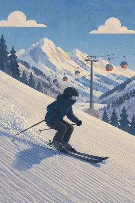 Skier Descending Sunny Alpine Snow Slope