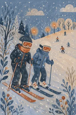 Folk Art Downhill Skiers at Blue Hour